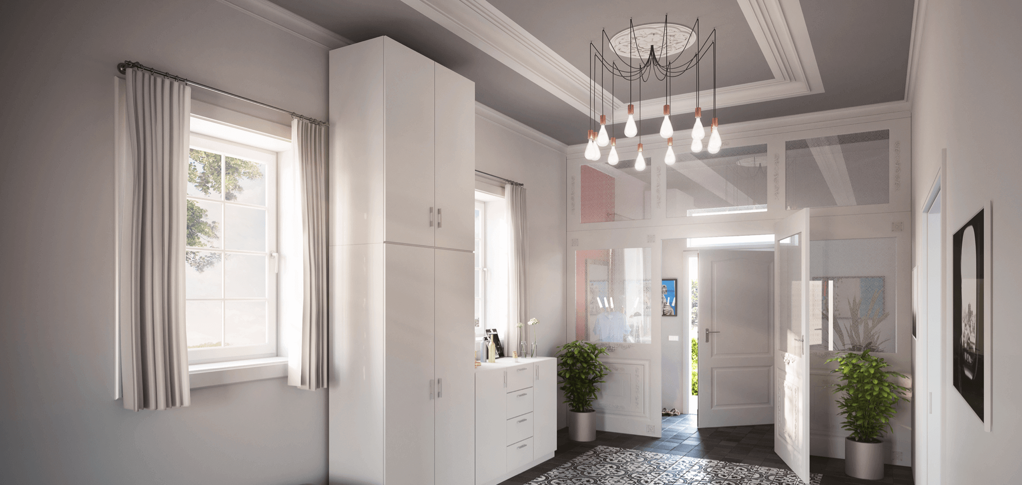 Flur mit hohen Decken und Stuck, Kommode und Regal und Lampe