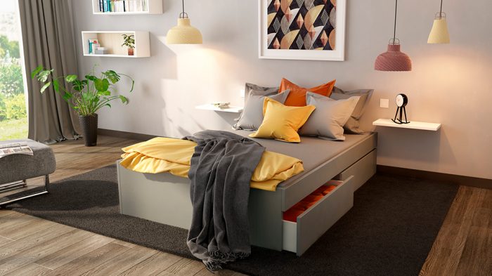 Bett in Anthrazit mit farbigen Akzenten in Gelb und Orange